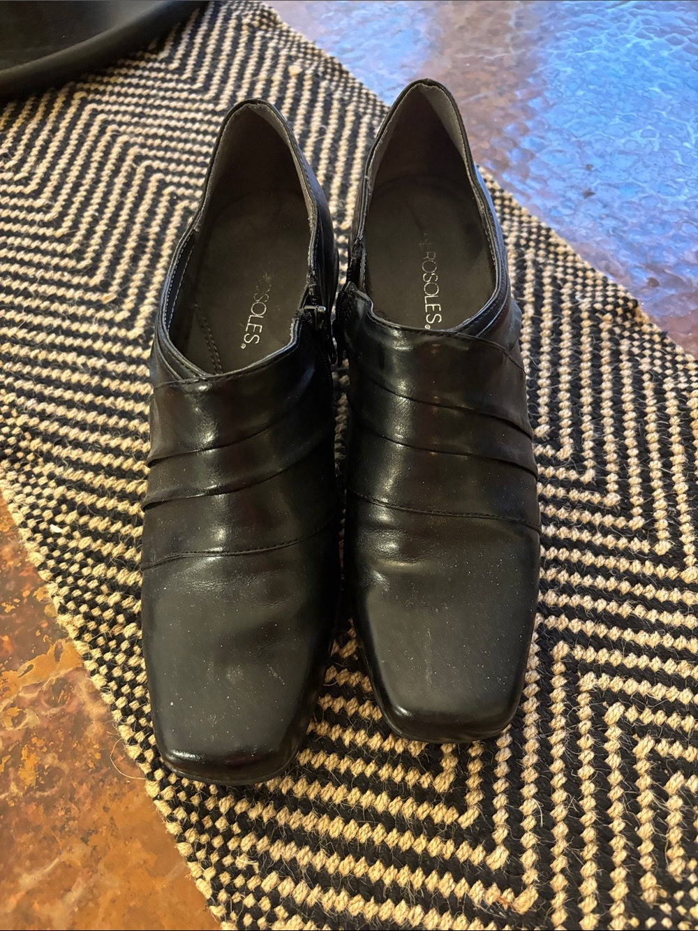 AEROSOLES Black Leather Slip-On Loafers with Pleated Upper